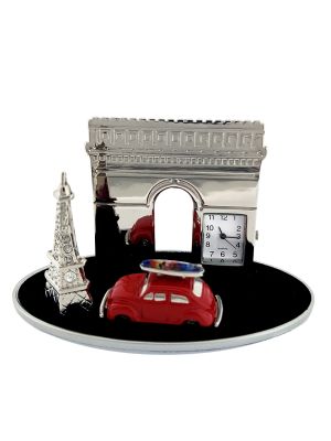 FRANCE ICONS MINATURE EIFFEL TOWER & ARC DE TRIOMPHE w VW BUG CAR COLLECTIBLE MINI CLOCK 