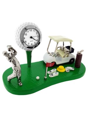 GOLF SCENE ON GREEN w GOLFER BALL FLAG CART CLUBS FLAG & SHOES COLLECTIBLE SPORTS MINI CLOCK 