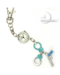 KEYCHAIN, Novelty Mini Clock GEM HANDCUFFS & PISTOL GUN