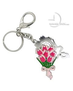 KEY CHAIN, Novelty Mini Clock PINK Tulip Bouquet