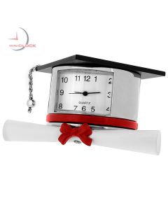 Mini Clock, Silver GRADUATION HAT w/ Red Ribbon