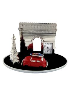 FRANCE ICONS MINATURE EIFFEL TOWER & ARC DE TRIOMPHE w VW BUG CAR COLLECTIBLE MINI CLOCK 