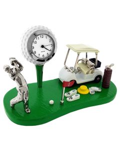 GOLF SCENE ON GREEN w GOLFER BALL FLAG CART CLUBS FLAG & SHOES COLLECTIBLE SPORTS MINI CLOCK 