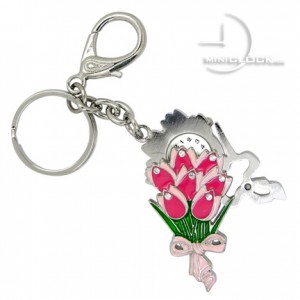 KEY CHAIN, Novelty Mini Clock PINK Tulip Bouquet