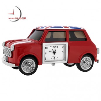 MINI COOPER CAR STYLE MINIATURE CLOCK COLLECTIBLE w/ UNION JACK BRITISH FLAG