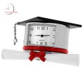 Mini Clock, Silver GRADUATION HAT w/ Red Ribbon