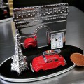 FRANCE ICONS MINATURE EIFFEL TOWER & ARC DE TRIOMPHE w VW BUG CAR COLLECTIBLE MINI CLOCK 