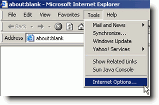 Internet Explorer Tools - Internet Options menu