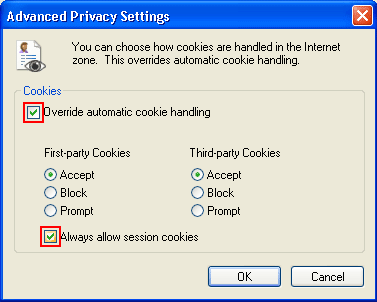 Advanced Privacy Setting Menus with Override Automatic Cookie Handling and Always Allow Session cookies boxes highlighted